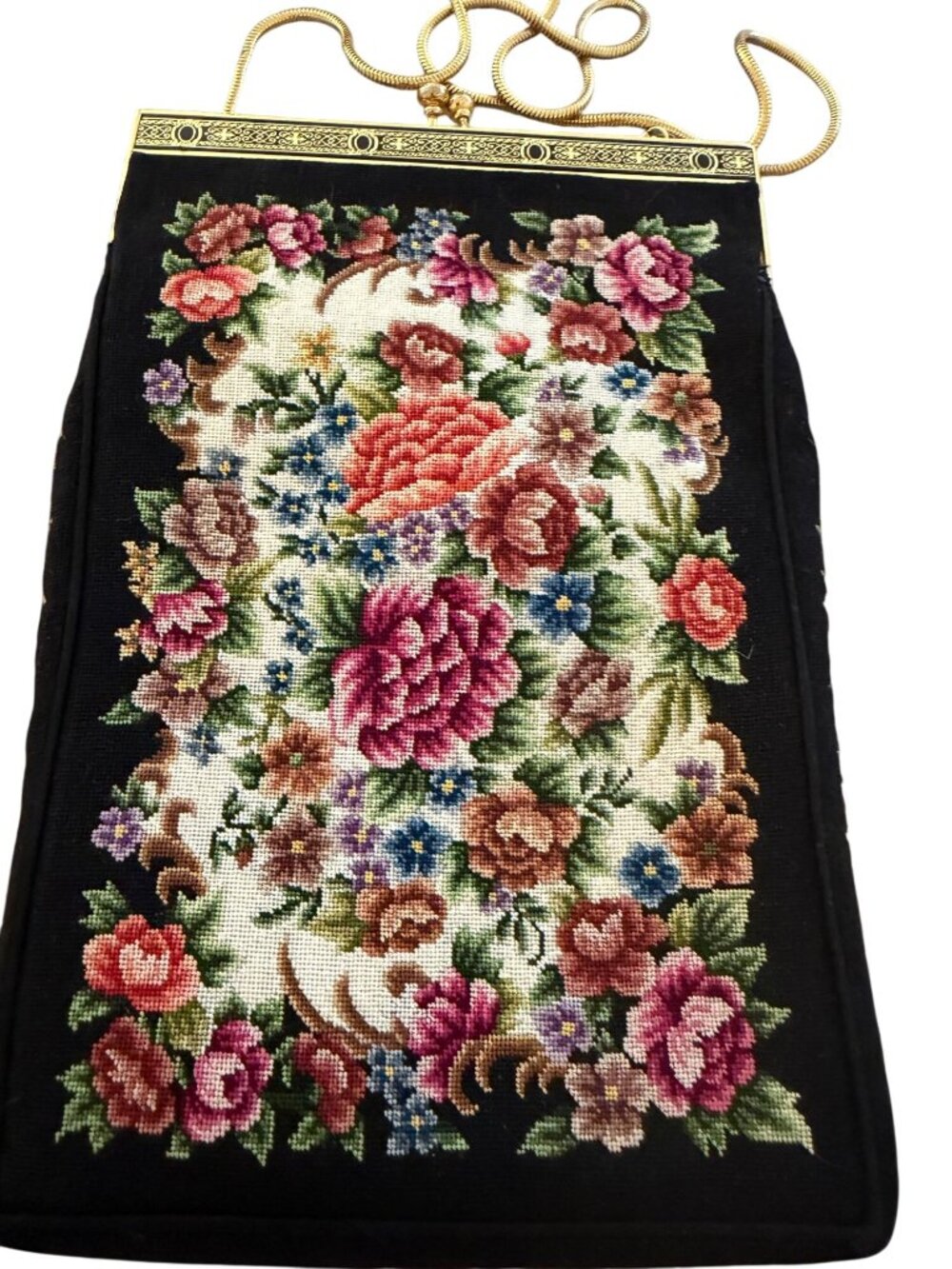 Vintage Womens Tapestry Needlepoint Clutch Purse Gold Tone Floral Cottage core - Picture 2 of 14